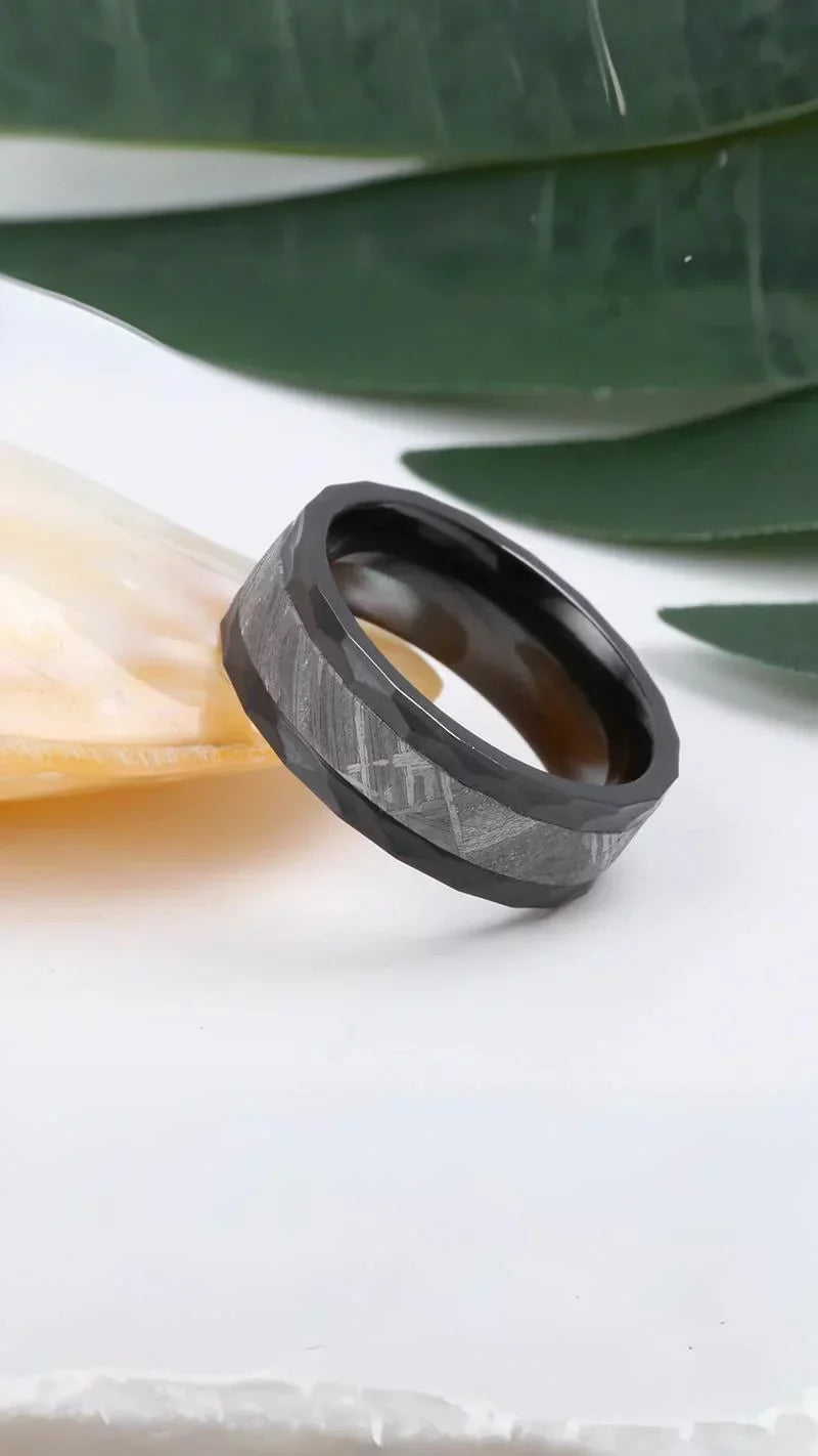 Muonionalusta Meteorite Ring with Black Tungsten Band