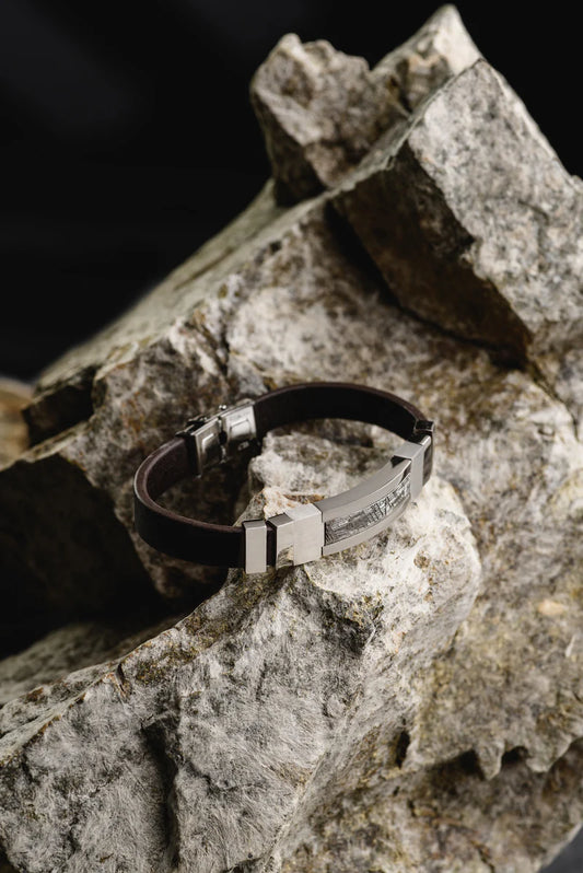 Muonionalusta Meteorite Bracelet with Leather and Stainless Steel