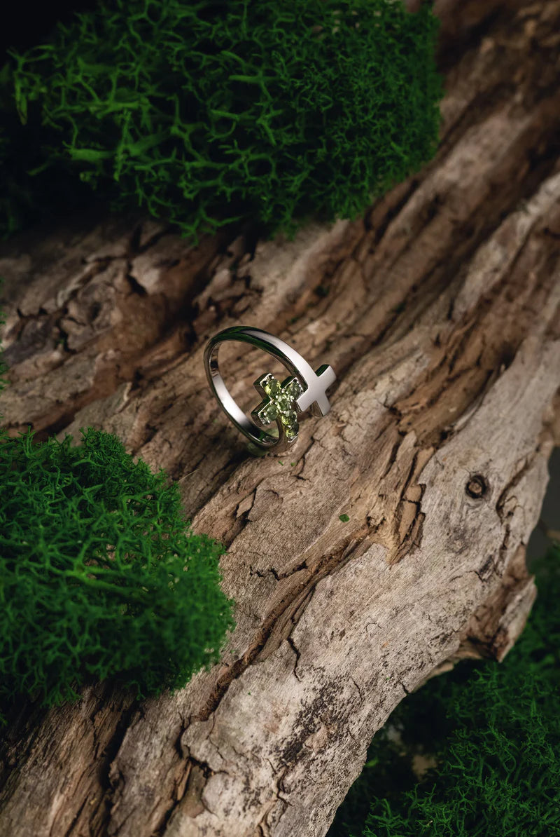 Moldavite Cross Ring – Celestial Symbolism