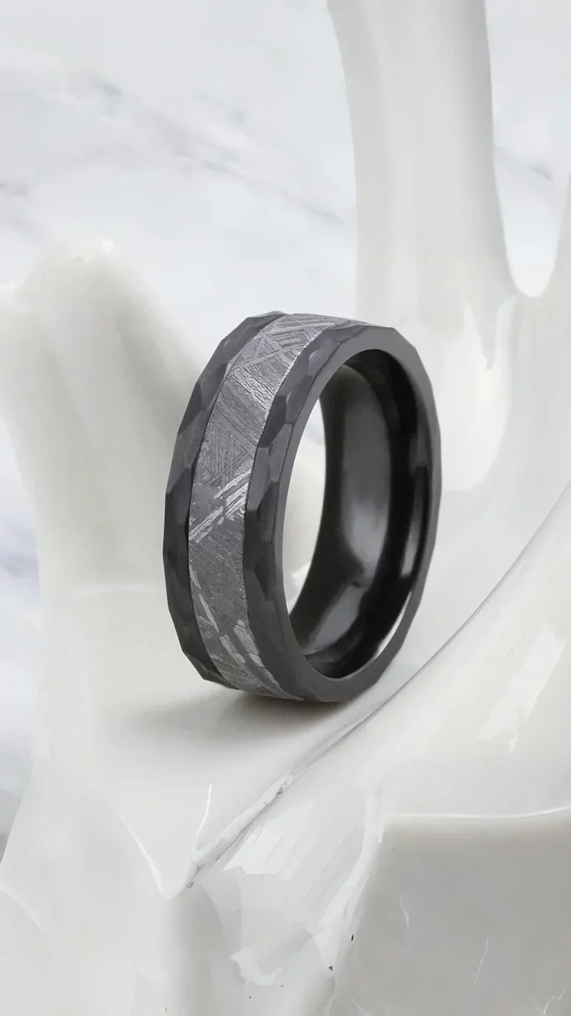Muonionalusta Meteorite Ring with Black Tungsten Band