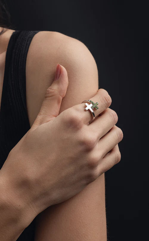 Moldavite Cross Ring – Celestial Symbolism