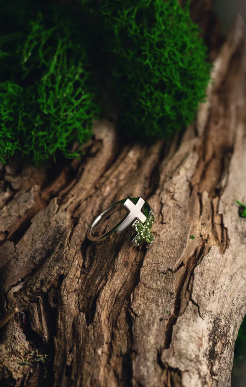 Moldavite Cross Ring – Celestial Symbolism