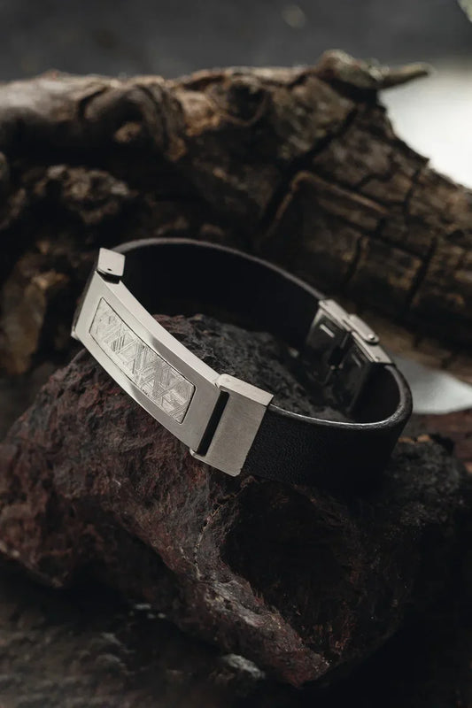 Meteorite Bracelet with Leather and Stainless Steel